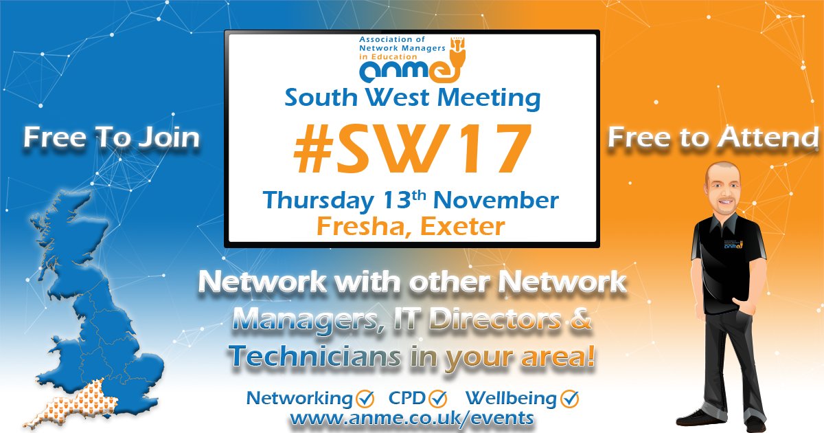 📢 ANME Members! 
#South West Meeting 17 (#SW17) - 13 Nov, Fresha, Exeter.

🎤 Gary Henderson leading a member-chosen session, round table discussions &amp; networking...
New venue, great discussions, free for members incl lunch.

👉 anme.co.uk/events-meeting…
#ANME #EdTech #CPD