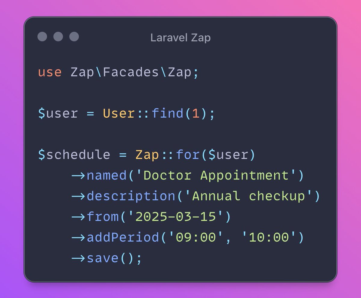 mmartin_joo's tweet image. There&apos;s a new package called Laravel Zap. 

It&apos;s an event scheduler and is perfect for: 
- Events, appointments
- Recurring tasks
- Availability management
- Conflict detections 

It&apos;s very promising.