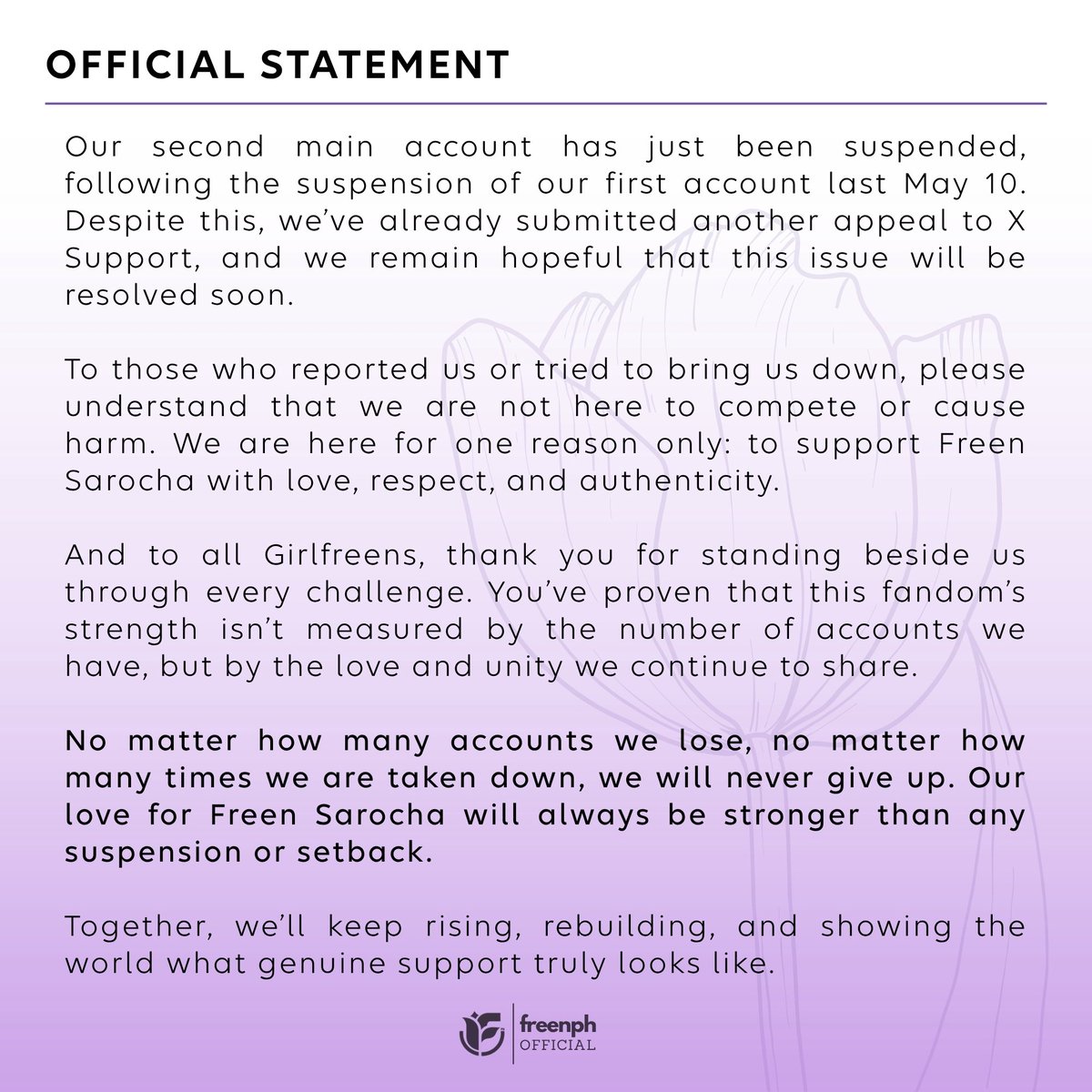 girlfreenphil's tweet image. OFFICIAL STATEMENT FROM FREEN PHILIPPINES FC
Suspended, but never silenced.
Our love for Freen Sarocha stands unshaken, stronger with every setback 🤍
#GIRLFREEN