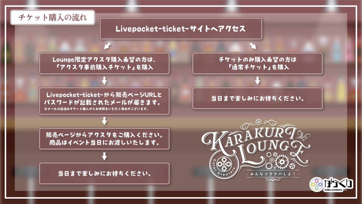 Color_Creators's tweet image. 【からくりLoungeチケット販売開始📣】
からくりのリアイベ、#からくりLounge のチケットが販売開始しました！
販売終了日に変更がございましたので詳細をご確認ください👀

今回のチケットは、下記の2種ございます🎫
①通常チケット
②アクスタ事前購入チケット…