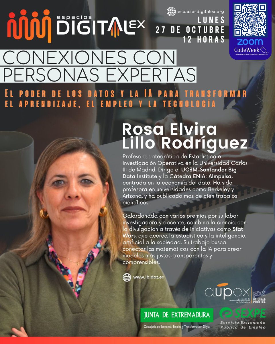 EsDigitalex's tweet image. 📣 ¡Nueva Conexión con Personas Expertas!
En el marco de la #CodeWeek, la extremeña Rosa Elvira Lillo nos explicará cómo los datos y la inteligencia artificial están transformando el aprendizaje, el empleo y la tecnología.
✍️Inscríbete de forma gratuita:
bit.ly/3WbeKia