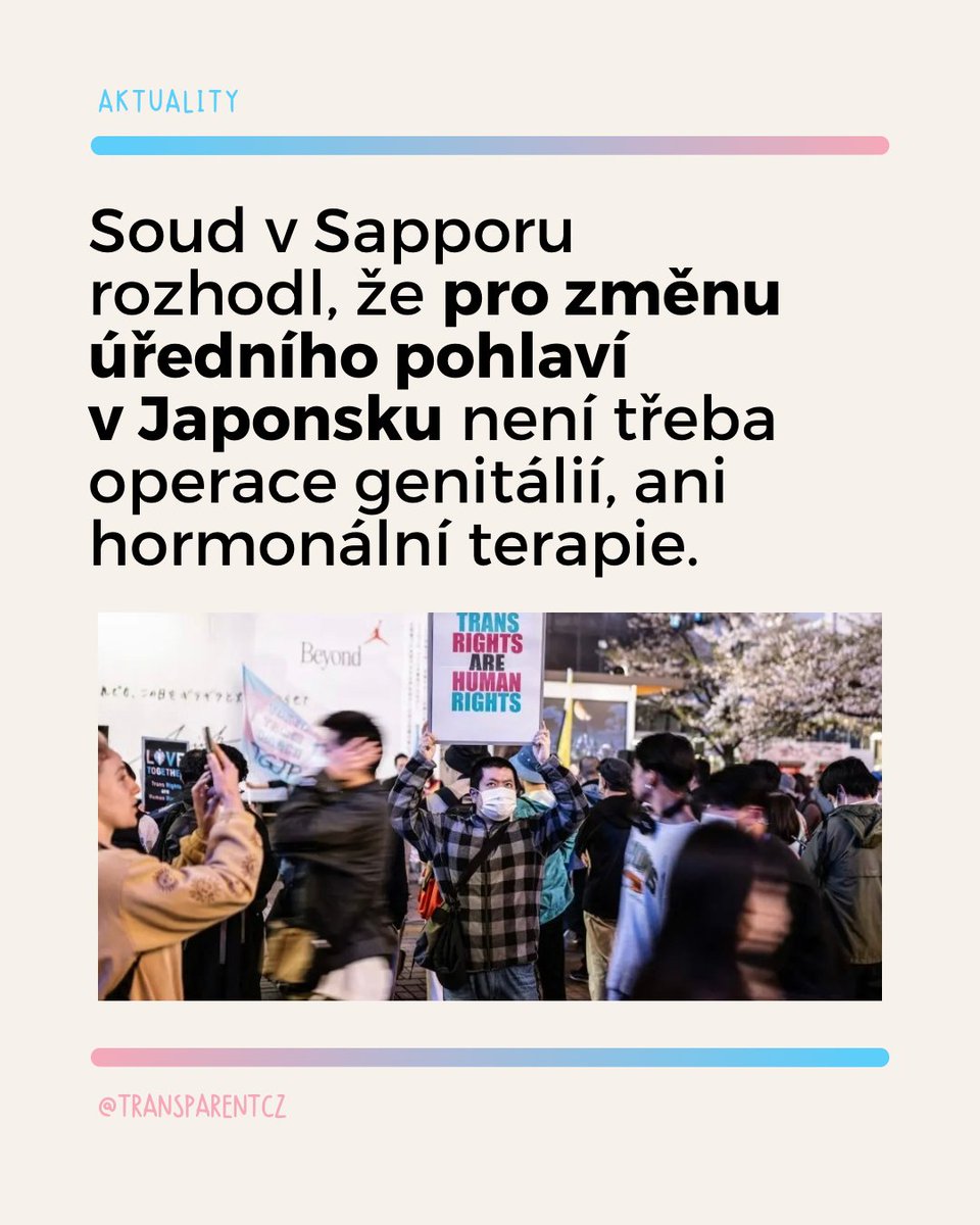 🇯🇵 Japonský soud potvrdil, že dosavadní požadavek na hormonální terapii a chirurgickou změnu genitálií odporoval tamní ústavě.

🎎 Zdroj: hrw.org/news/2025/09/2…