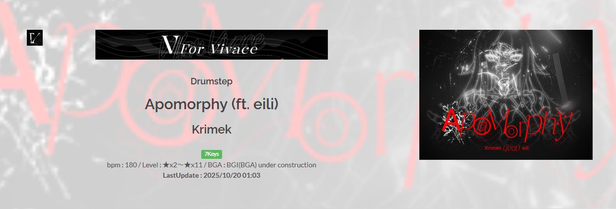 THE BMS OF FIGHTERS 21 - GO BACK 2 YOUR ROOTS -

Team「V For Vivace」 
Apomorphy ft. eili | <a href="/frenlize/">eili ✧ 𝘗𝘰𝘳𝘵𝘳𝘢𝘪𝘵 𝘰𝘧 𝘢 𝘓𝘢𝘥𝘺</a> 

GFX &amp; Movie: <a href="/ZethZ161/">傑 ✲ Zeth (comms open!)</a>  
Illustration: <a href="/minerva_rin/">Mofumofu Rin🐏</a>  
BMS: <a href="/L216DTM/">L216/LCCXVI</a>  

BGA will be shown at a later date! 
 
#event_bof #BOF21 #VforVivace 

manbow.nothing.sh/event/event.cg…