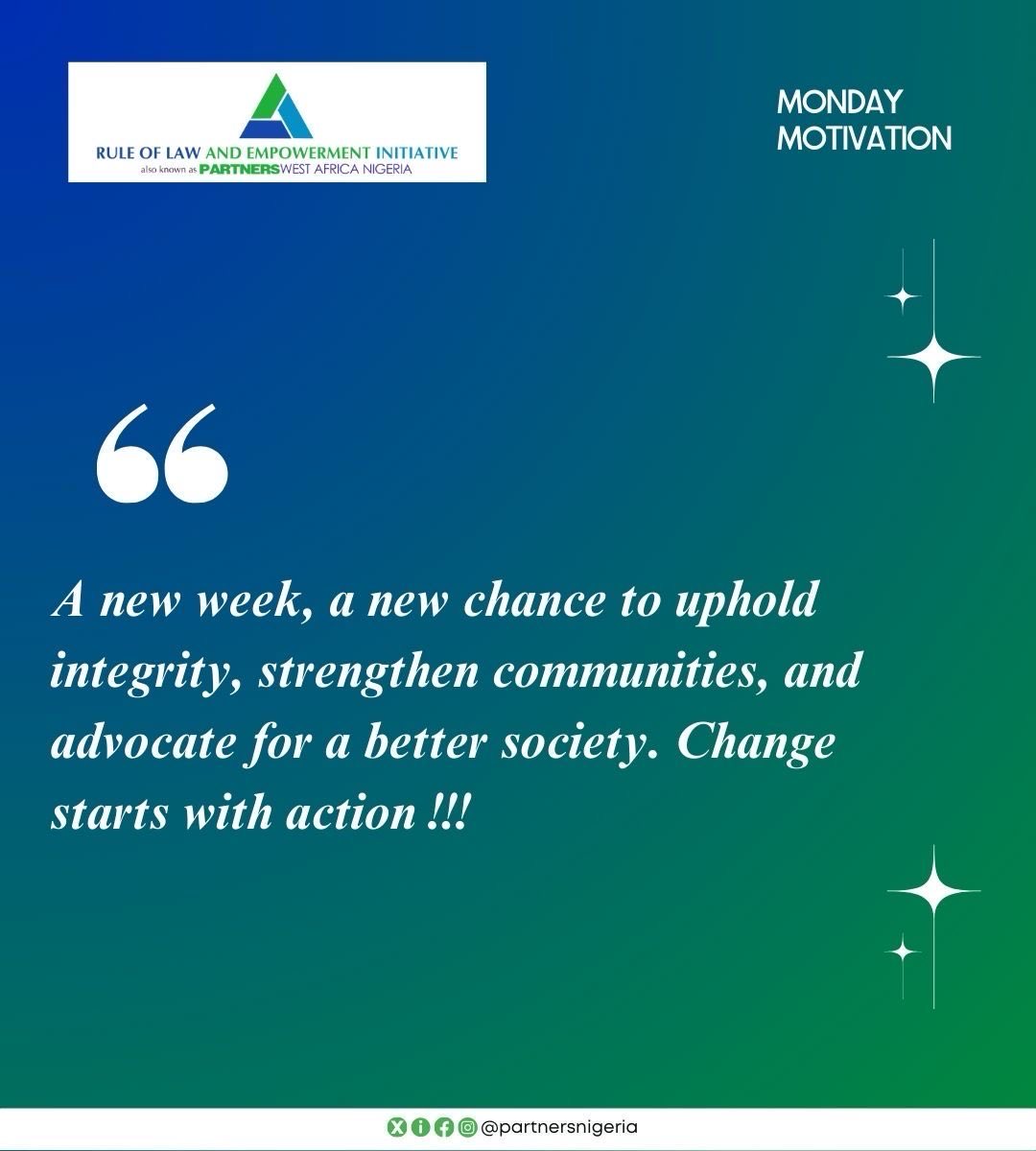 partnersnigeria's tweet image. A new week, a new chance to upload integrity, strength communities and advocate for a better society. Change starts with action!!! 

#PWAN #Partnersnigeria #MondayMotivation #Change #NewWeek #BetterSociety