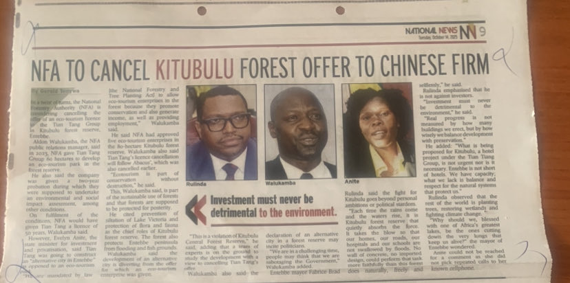 It is good that <a href="/NFAUG/">National Forestry Authority-Uganda</a> is considering cancelling an offer of an eco-tourism licence to the Tian Tang Group in Kitubulu forest reserve because they are to construct an alternative city in Entebbe as opposed to an eco-tourism park.