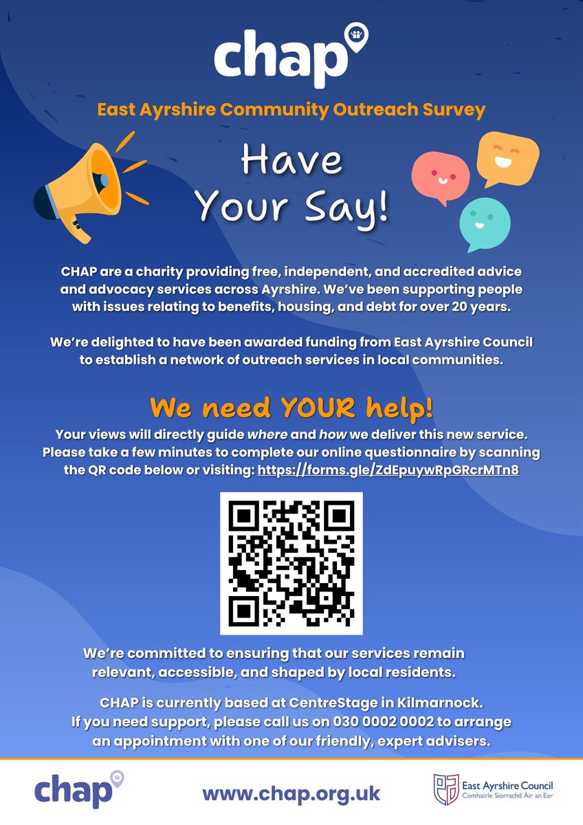 If you live in East Ayrshire, we're asking for your help in deciding where and how CHAP delivers its expanded outreach service.
Please take a few minutes to answer the questions in our online survey: forms.gle/ZdEpuywRpGRcrM…
Closing date Friday 24th Oct at 12 noon