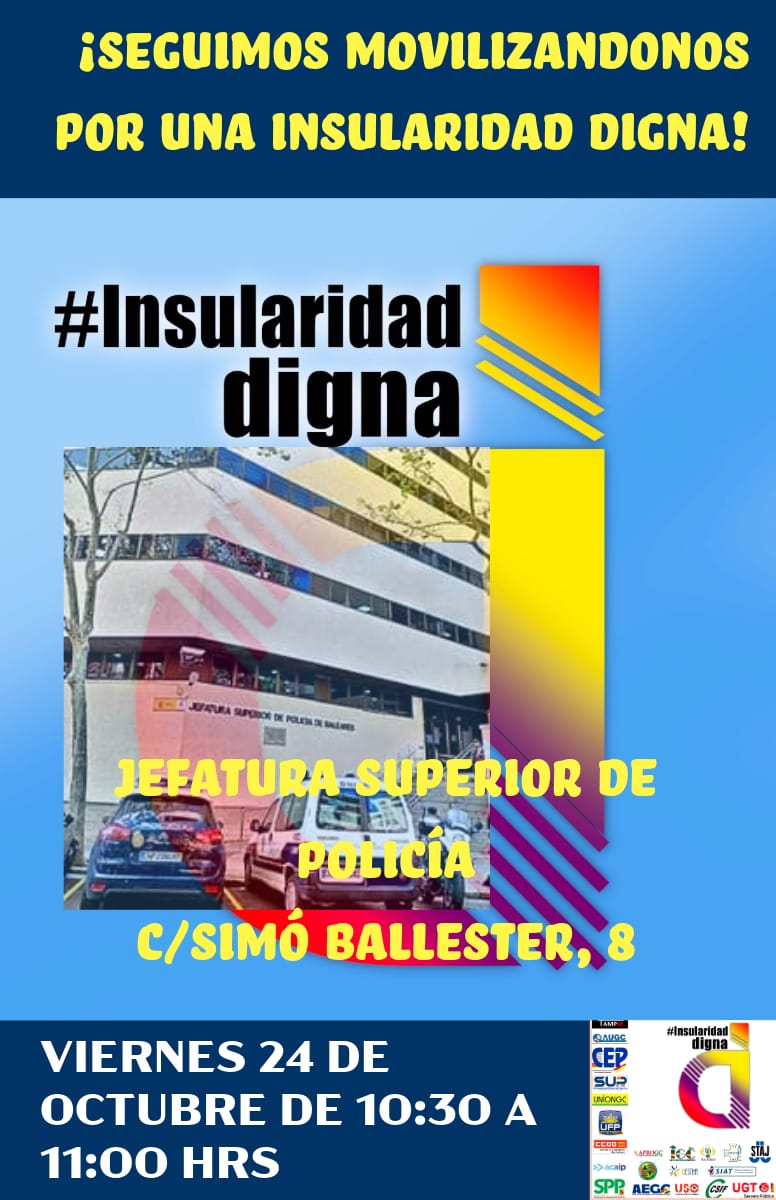 Próxima concentración de <a href="/InsularidadD/">InsularidadDigna. 🇺🇦</a> frente a la Jefatura Superior de Policía de Palma.
📆 Viernes 24 de octubre
⏰ 10:30 h.
¡¡ No faltes !! 
#InsularidadDignaYa