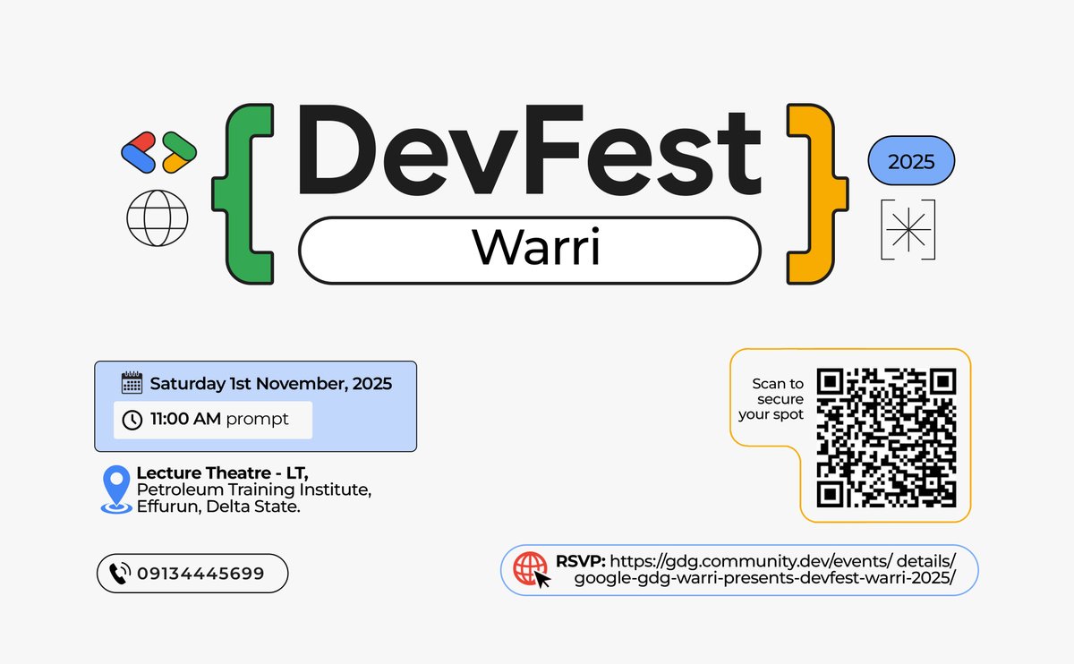 gdg_warri's tweet image. Top of the morning to you
Join us on Saturday November 1, 2025 at the Lecture Theatre - LT, of the Petroleum Training Institute - PTI, Effurun, for #DevFestWarri25
RSVP to get your FREE ticket for DevFest Warri here - gdg.community.dev/events/details…
Watch out for speakers announcement