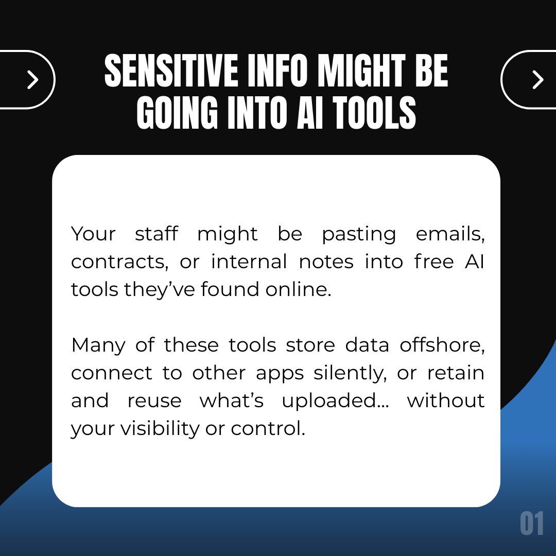 AutomateTech's tweet image. Your team might be exposing client data through AI tools you don’t control. 
Staff are pasting emails, contracts, internal notes into free AI apps they’ve found online. 
These tools often store data offshore. Some connect to other apps silently. Others retain and reuse what get