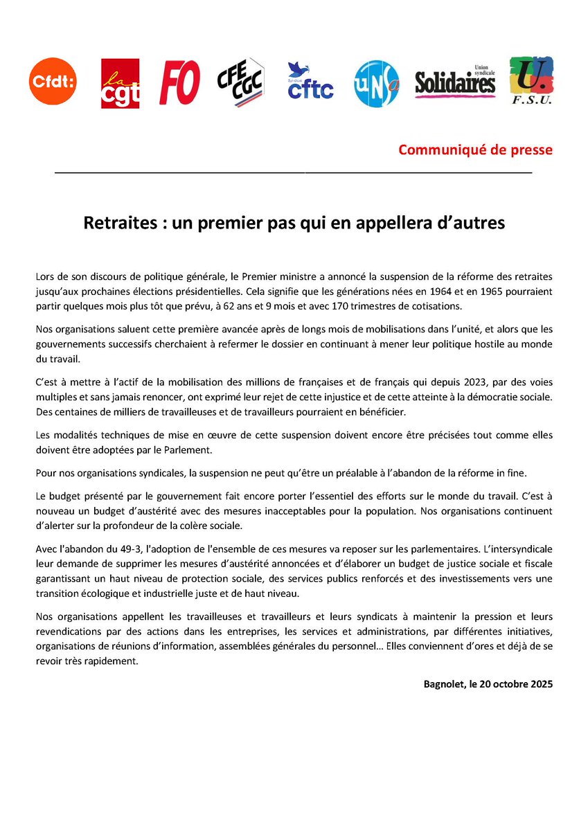 📜COMMUNIQUÉ INTERSYNDICAL : Retraites : un premier pas qui en appellera d'autres ✊