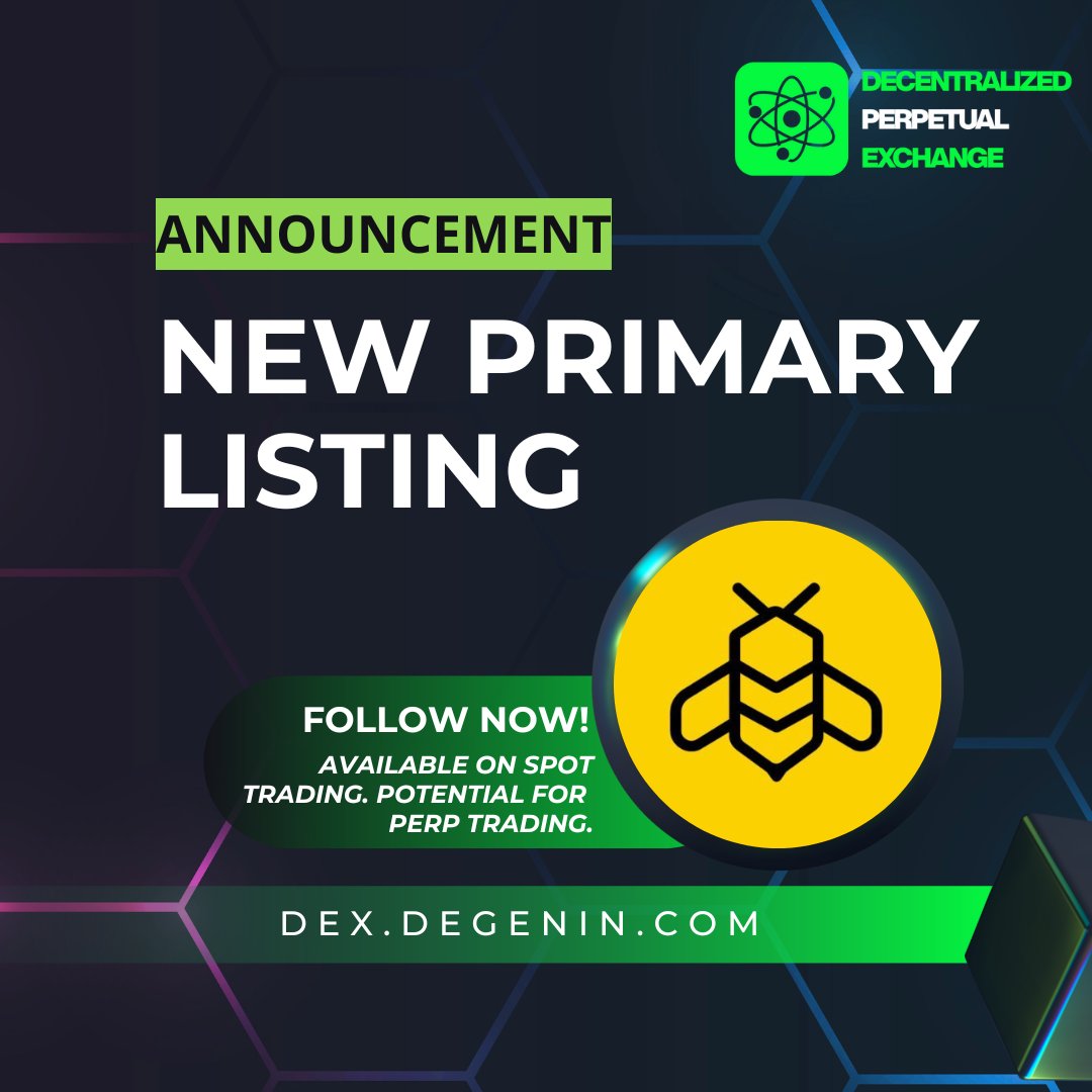 ⭐️Decentralized Perpetual Exchange is announcing exclusive primary listing for <a href="/polybeebnb/">Polybee</a> $polybee

✅Currently available on spot trading, with the potential to be listed on perpetual trading.

🔗Trade now: dex.degenin.com/spot/bsc/POLYB…
 $ETH $pDGN