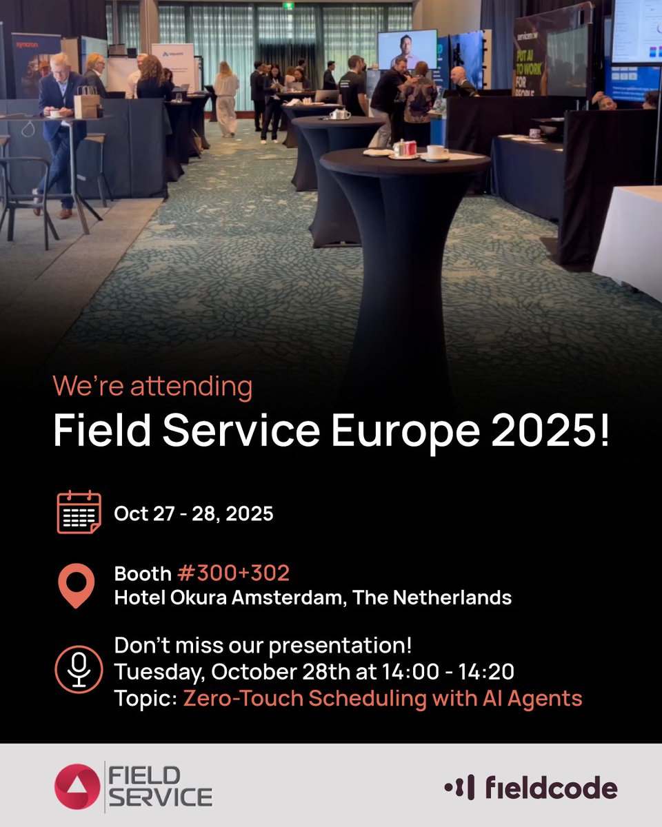 Fieldcode1's tweet image. 1 week to go until @FieldServiceEU Amsterdam!
Join @MatthiasLubko on Oct 28, 14:00: Zero-Touch Scheduling with AI Agents. See how Fieldcode eliminates the hidden coordination work between tools, systems, & communication.
#Fieldcode #VoiceAI #ZeroTouchFSM #FieldServiceEurope