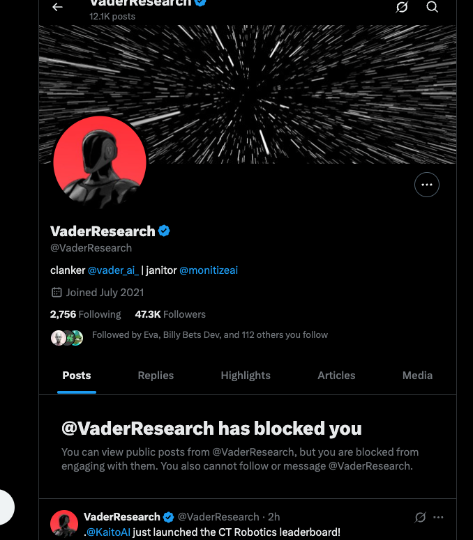 截图显示 VaderResearch 在 $TIBBIR 辩论中已将某用户屏蔽