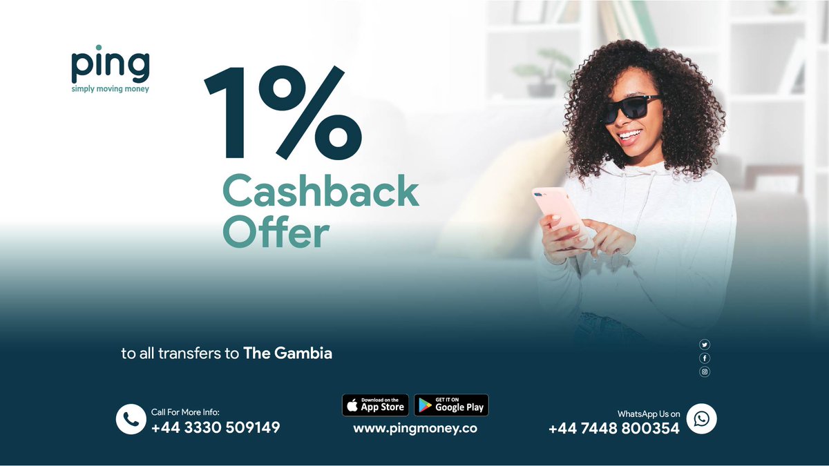 pingmoneyapp's tweet photo. Get 1% cashback every transfer + zero fees &amp; best FX. Fast to 🇬🇲 via our simple app 💸✨ #PingMako #PingKoRek #Qmoney #Afrimoney https://t.co/CmDZ2VKrzQ