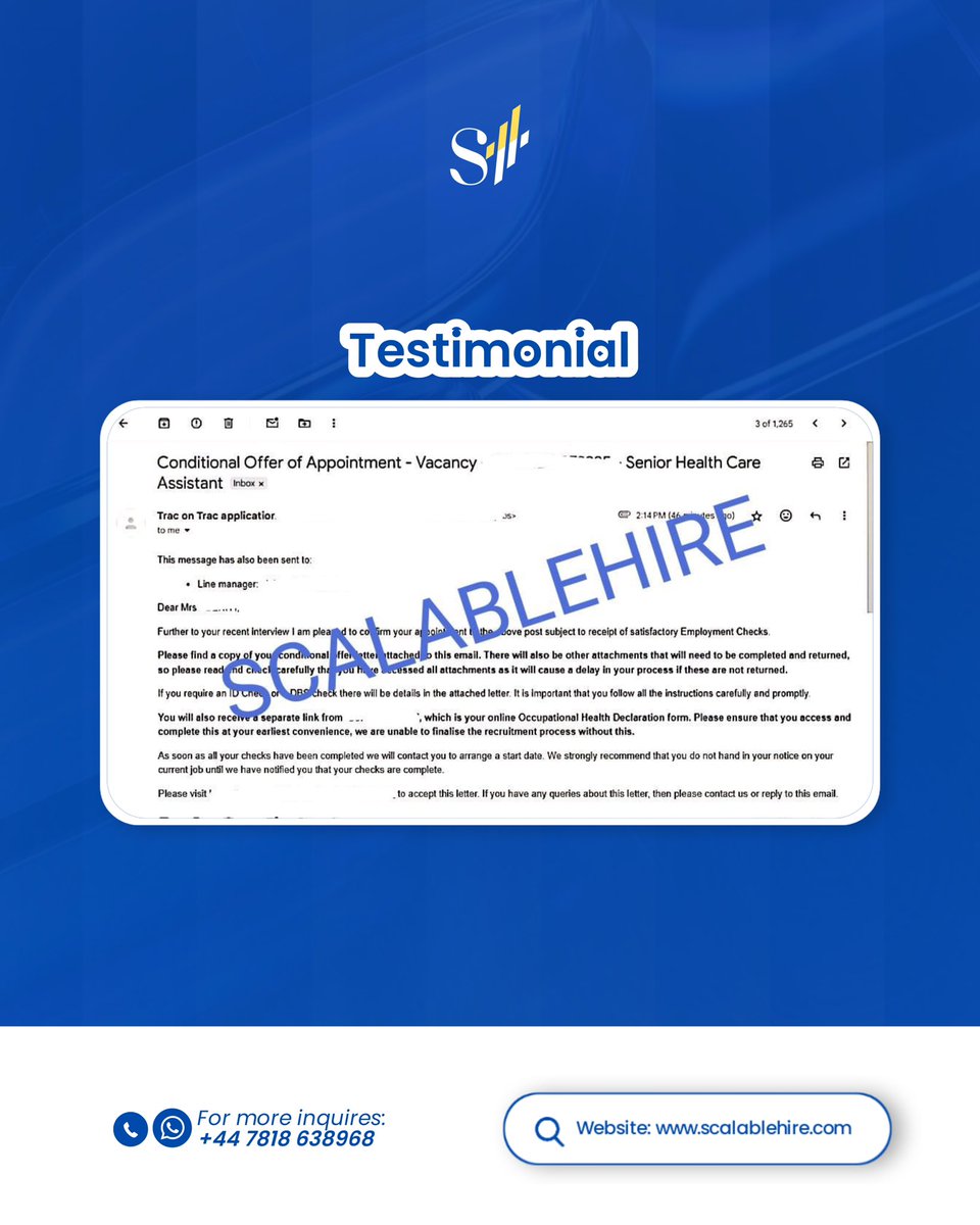 Scalablehire's tweet image. Another UK job offer secured through ScalableHire.
Our client just got a Conditional Offer of Appointment after working with our team — from CV optimization to interview prep, we help you get results.

Want to be next? Comment “I’m ready” 

#ScalableHire #UKJobs #VisaSponsorship
