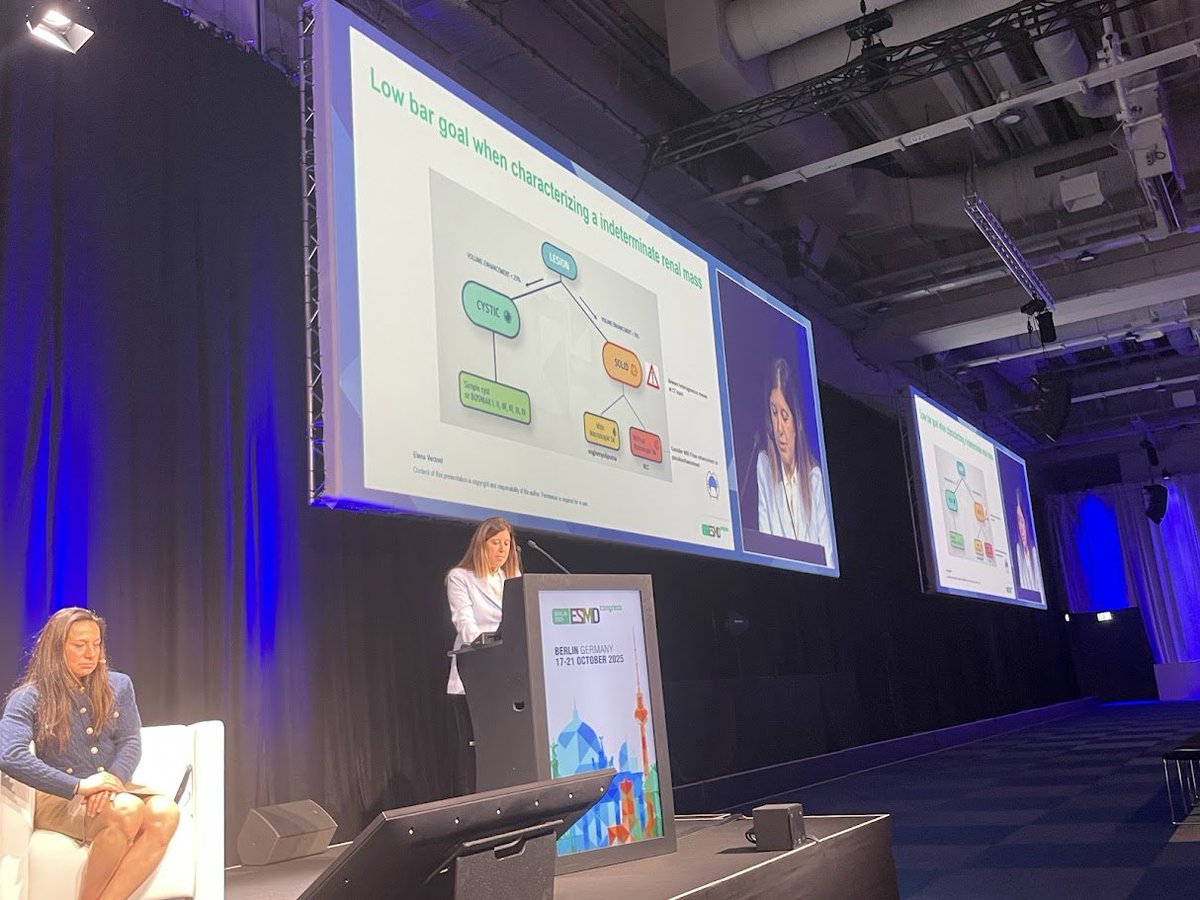 Kudos to <a href="/elena_verzoni/">Elena Verzoni</a> on a terrific talk on imaging in #kidneycancer &amp; #bladdercancer at #ESMO25! A tough topic well encompassed in 20 min, with citations of the pivotal work in this space by @kidneycancerdoc.