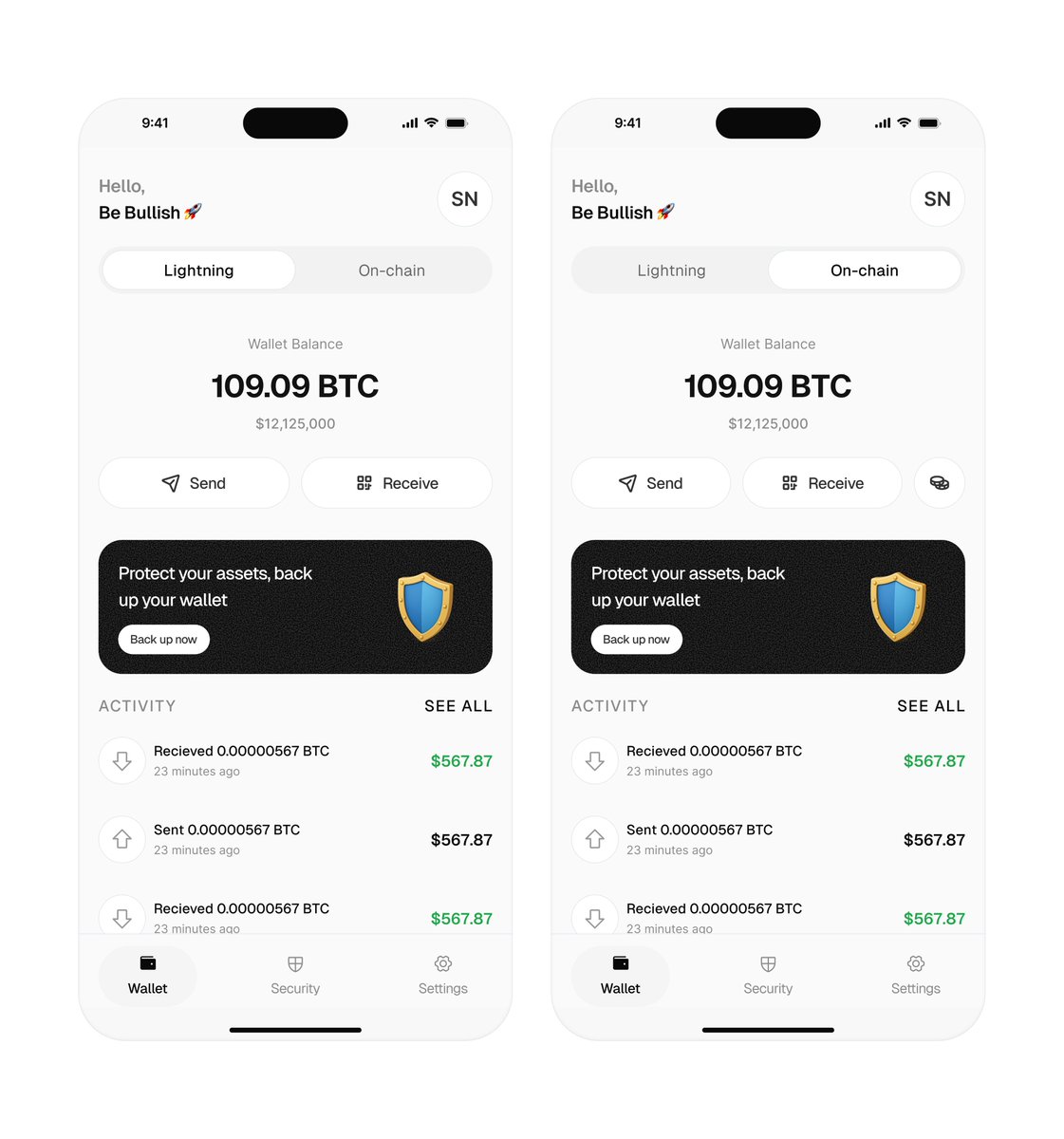 thetimileyin's tweet image. New week to hit the ground running 

a simple self custodial Bitcoin wallet i am currently working on✨

peep the white spaces + soft grey tones

#bitcoindesign