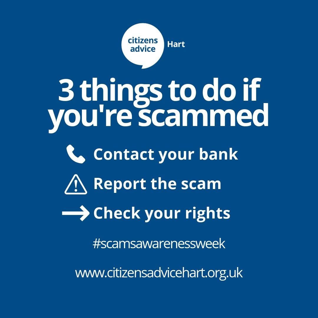 This Scams Awareness Week, we are focusing on staying #ScamAware, and sharing simple tips and signs to help you stay one step ahead. Here are the top 5 scams consumers should be aware of. ⬇️

citizensadvicehart.org.uk/this-week-is-s…

#citizensadvicehart #scamsawarenessweek #scamaware #onlinescams