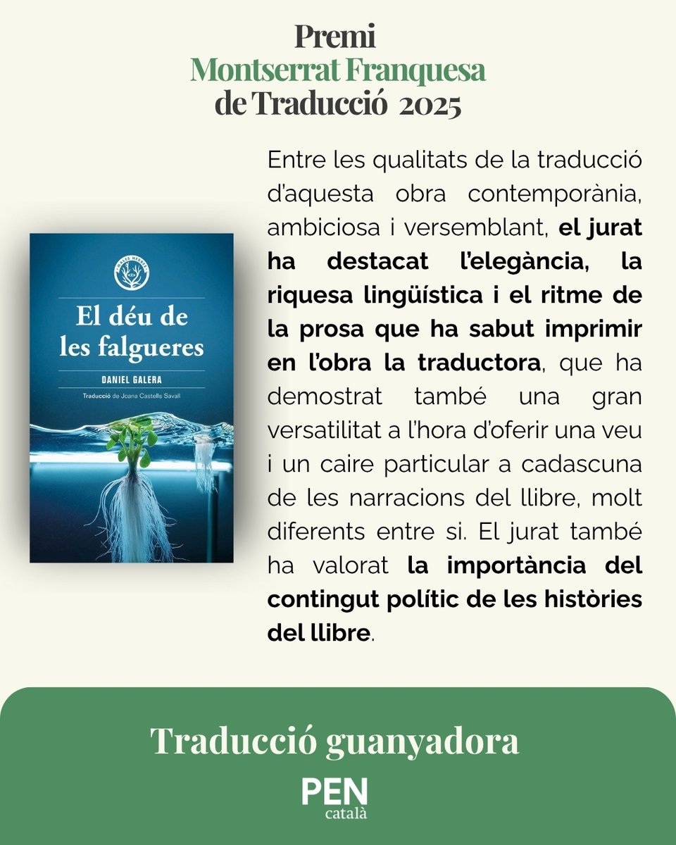 📢Joana Castells guanya el Premi Montserrat Franquesa de Traducció 2025 per la seva traducció d’'El déu de les falgueres', de Daniel Galera, publicada per <a href="/LesMalesHerbes/">Editorial Males Herbes</a>.

El jurat n’ha destacat l’elegància, la riquesa lingüística i el ritme narratiu.
🔗 pencatala.cat/noticia/joana-…