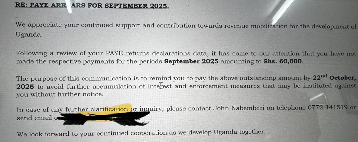 Dear ⁦⁦<a href="/URAuganda/">Uganda Revenue Authority</a>⁩ , as ‘valued’ taxpayers, may we please receive communication that is more courteous, considerate and reasonable? Why threaten enforcement without further notice for an amount of 60,000, that is overdue by 6 days? Please.