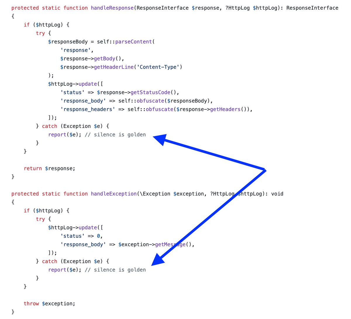 PovilasKorop's tweet image. Please explain smth to me.
I recently saw this code in some Laravel package internals.
Repeating try-catch statements, catching regular Exception, with nothing useful in the "catch" block.
With comments "silence is golden". (written by AI? not sure)
But... WHY?
Is it worth…