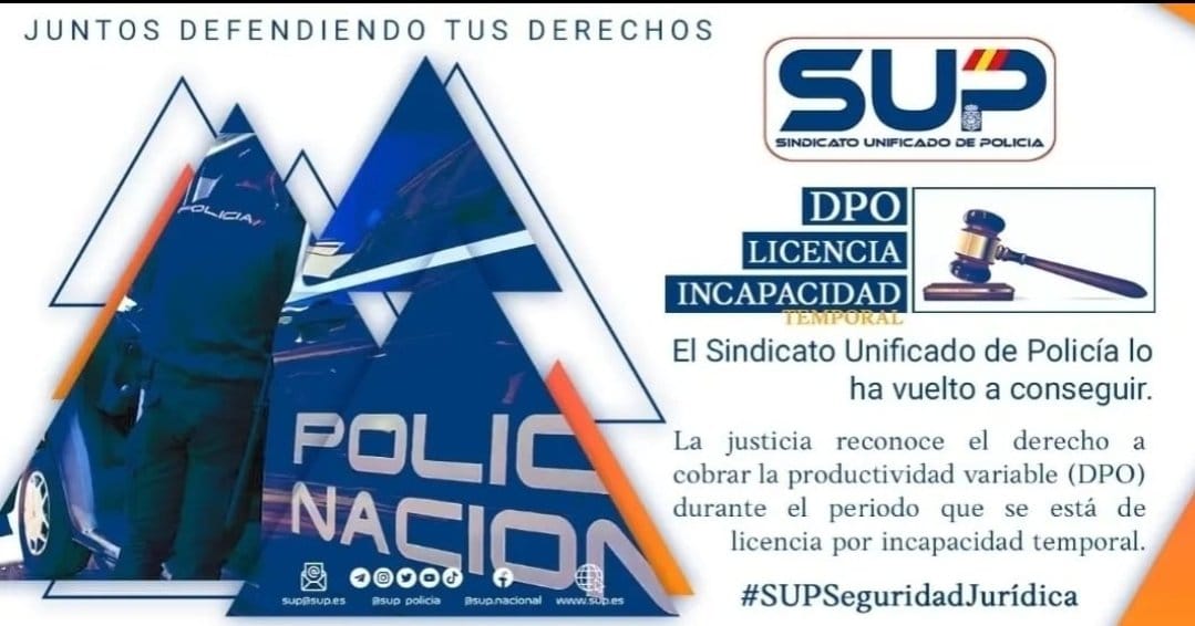 Has tenido #IncapacidadTemporal y te han detraído parte de la #DPO❓️
Reclama hasta 4 años atrás
⚖️El #GabineteJurídico del #SUP con la 1ª #SentenciaGanada sienta las bases para obligar a la #DGP a pagar la totalidad
🛡#SupSeguridadJurídica garantía de éxito
