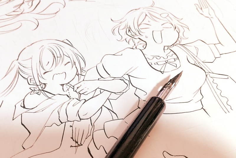比較的 漫画の制作は早い方だけど、
私の場合、キャラ絵までアナログなのが要因だと思った。
デジタル作画だと、良い線描けるまで何度もやり直しちゃいそう。 