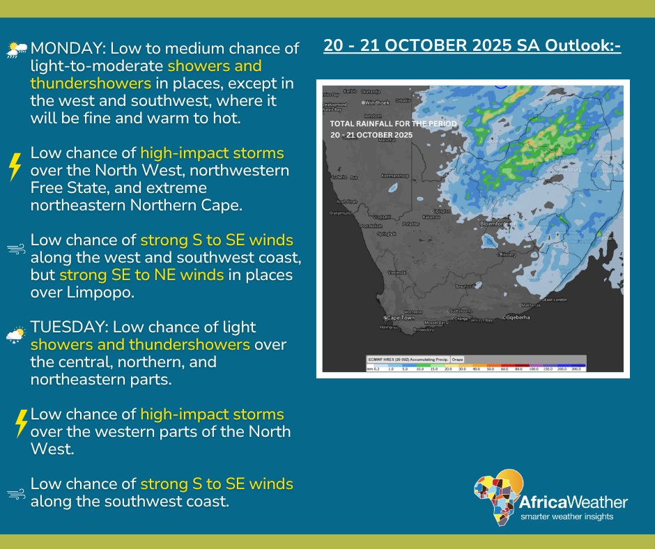 20-21 October 2025 Weather Outlook:-
Monday and Tuesday forecast.

20/10/2025 Android: goo.gl/Ftg97E | iOS goo.gl/qicR82 #africaweatherapp #AfricaWeather africaweather.com