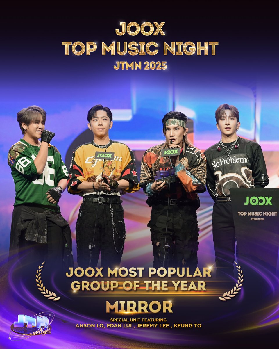 恭喜 MIRROR 小組，成員包括：Anson Lo 盧瀚霆, Edan 呂爵安 , Jeremy 李駿杰 &amp; Keung To 姜濤 榮獲JOOX 年度最受歡迎組合 🎉
Fan Beats, Stage Vibes 樂迷節拍，燃動舞台，在2025 #JOOXTOPMUSICNIGHT 的舞台上，我們一同見證音樂的力量，期待未來繼續與萬千樂迷共同創造更多音樂傳奇！ #JOOX #JTMN