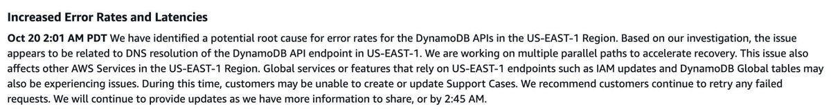 m_ozbilici's tweet image. Aws outage, Dns çözümlemeden kaynaklı olarak açıklandı.
Bu da Dns'in, dağıtık sistemlerde SPOF riskini taşıdığını gösteriyor.
çözüm olarak, lokal DNS caching ve fallback resolver gibi stragejiler var.
health.aws.amazon.com/health/status
#AWS #DynamoDB #distributedSystems
