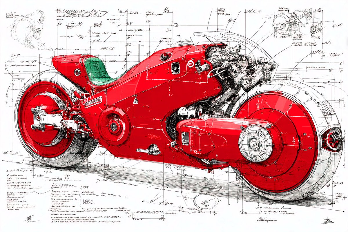 phokuinc's tweet image. Nostalgic X Inventive... Akira Kaneda’s bike was filed as an industrial patent, Crisp red render, technical lines, exploded views, a vision where inspiration rides the line #midjourney #SciFiDesign #RobotArt #AIart #Futuristic