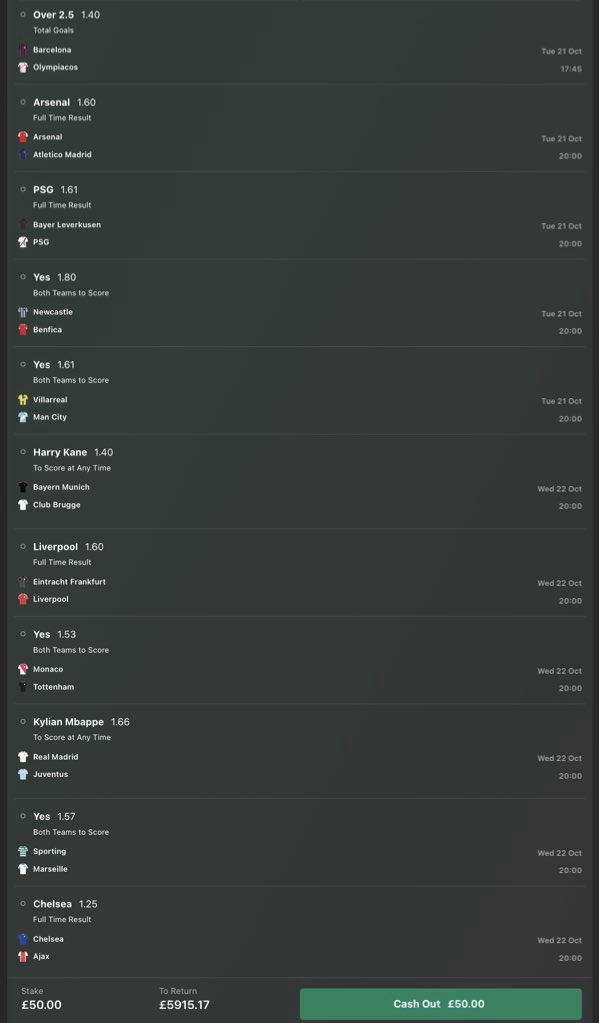 GodTipsterr's tweet image. UCL FOOTY ⚽️ ACCUMULATOR !!!
£50 RETURNS £5,915💰 / 118/1 ODDS 🚨 
IF THIS WINS I’LL GIVEAWAY £200 TO 5x PEOPLE WHO LIKES/RTS 💞
(⬇️JOIN my Tele channel in the replies - EXTRA ACCA - 88/1!!!) 🤯