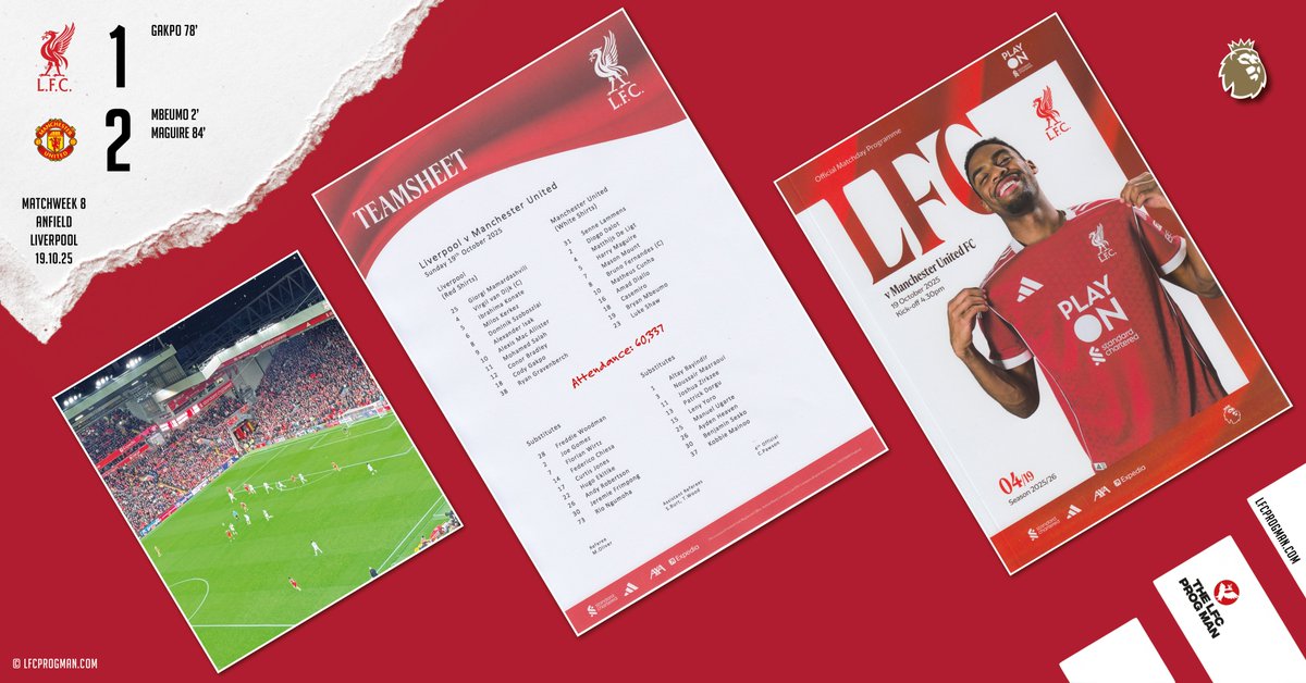Liverpool v Manchester United 19/10/2025 #EPL MW 8 #LIVMAN 
84-page programme (No.4) &amp; #LFC teamsheet
Great piece in the #LFCPROG from <a href="/MarkPlatt73/">Mark Platt</a> relating to the drawings that "document how Anfield was first transformed into one of the country's leading football grounds" 😀👏👍