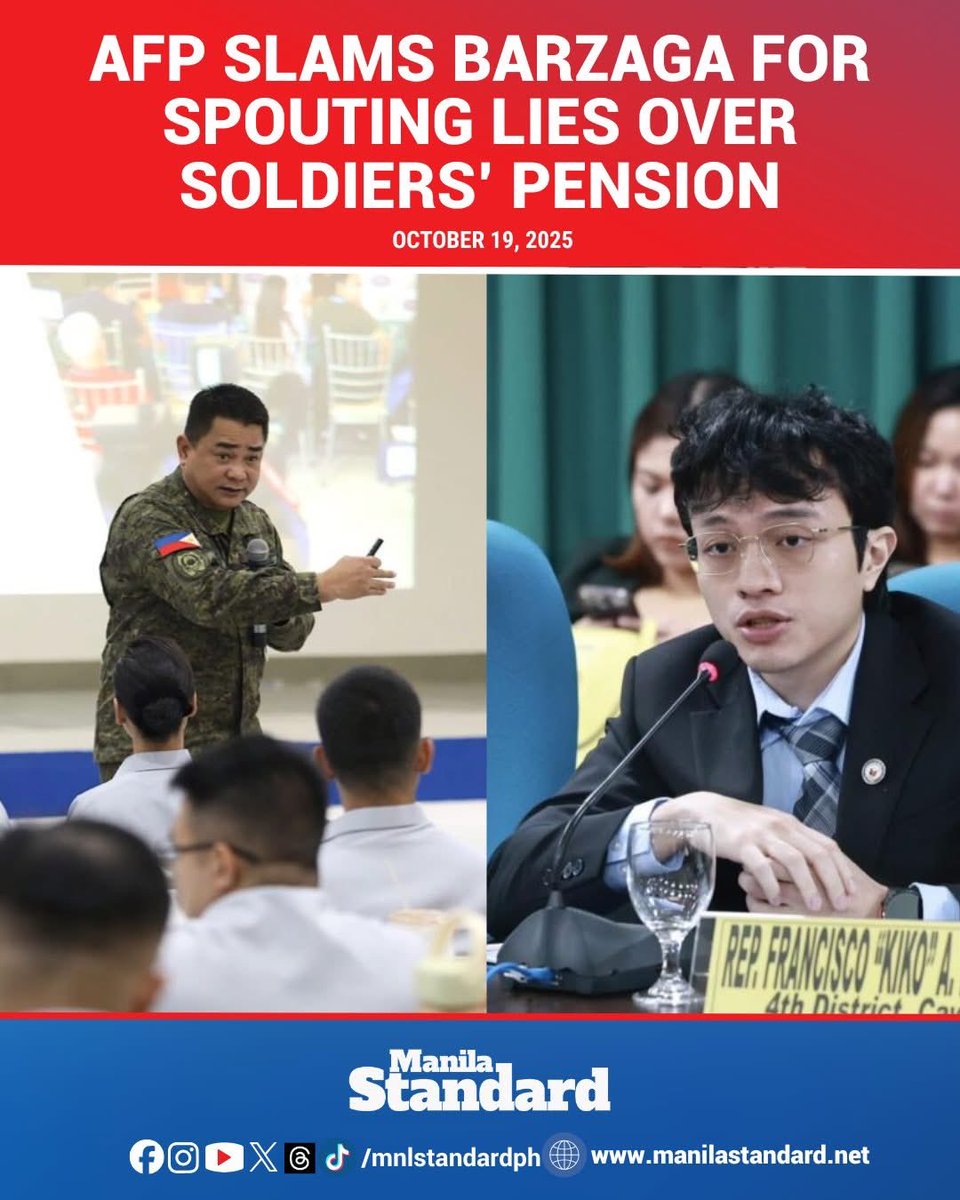 SITREP PH (@sitrepph) on Twitter photo The Armed Forces of the Philippines (AFP) called out Cavite 4th District Rep. Kiko Barzaga for allegedly spreading false information claiming that President Ferdinand Marcos Jr. had threatened to remove the pensions of the military.
manilastandard.net/news/314657012… The Armed Forces of the Philippines (AFP) called out Cavite 4th District Rep. Kiko Barzaga for allegedly spreading false information claiming that President Ferdinand Marcos Jr. had threatened to remove the pensions of the military.
manilastandard.net/news/314657012…