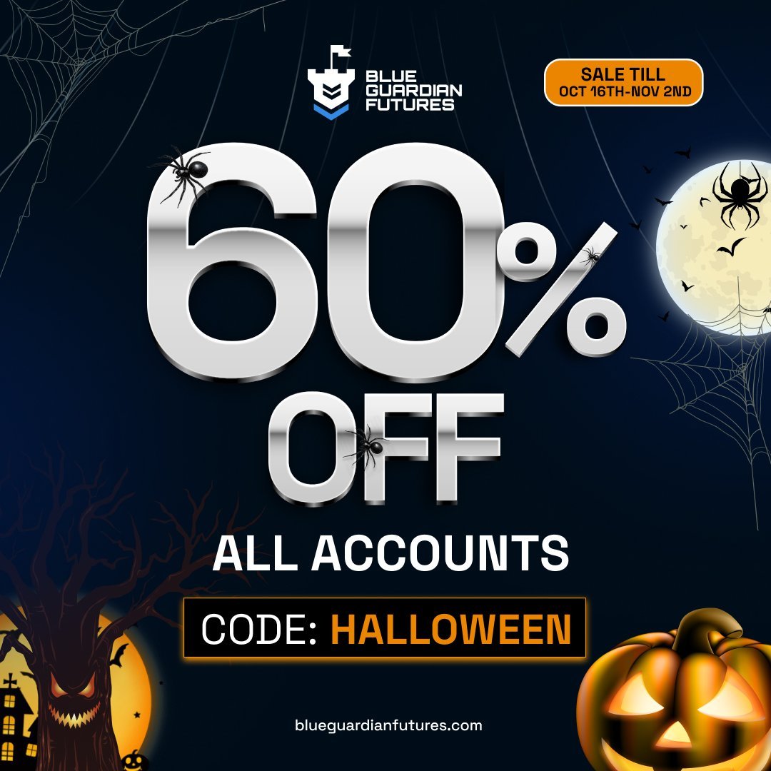 60% OFF all accounts for Halloween! 🎃

🌟No activation fees
🌟Weekly payouts with 100% profit split
🌟48-Hour payout guarantee or $200 extra

Use code HALLOWEEN now at 👉checkout.blueguardianfutures.com/ref/437/