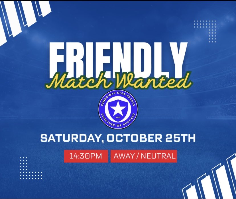 𝗙𝗥𝗜𝗘𝗡𝗗𝗟𝗬 𝗪𝗔𝗡𝗧𝗘𝗗

KSH are looking for an opponent for next Saturday after being allocated a free week. 

Any clubs interested should contact Manager Ally Griffin on 07732 101 796.

KO time and venue to be discussed and agreed. 

#KSH #KTID