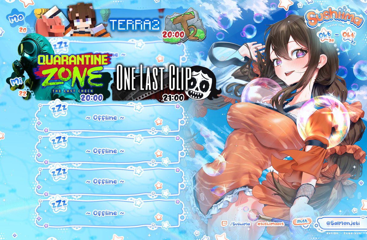 🗓️ Wochen-Streamplan 🗓️

🔹Mo: Terra 2🎈20Uhr 

🔸Mi: Quarantine Zone - The Last Check🦠20Uhr
🔸Mi: One Last Clip🎬21Uhr

🎣twitch.tv/sushiima
「  #Vtuber ⋆ #GerVtuber ⊹ 」