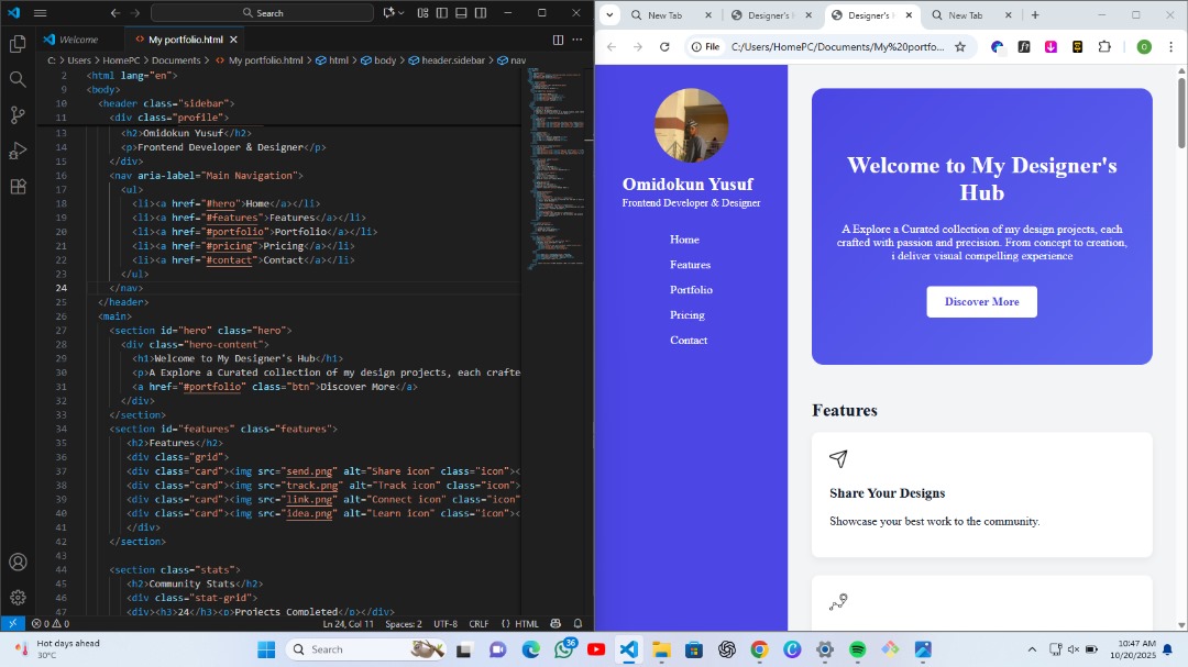 Mastergroove_99's tweet image. 🎨 Just completed the first version of my personal portfolio website — built with HTML & CSS.
It features a clean sidebar layout, responsive design, and a user-friendly interface that reflects my work as a Frontend Developer & Designer.
#WebDevelopment #Frontend #HTML #CSS