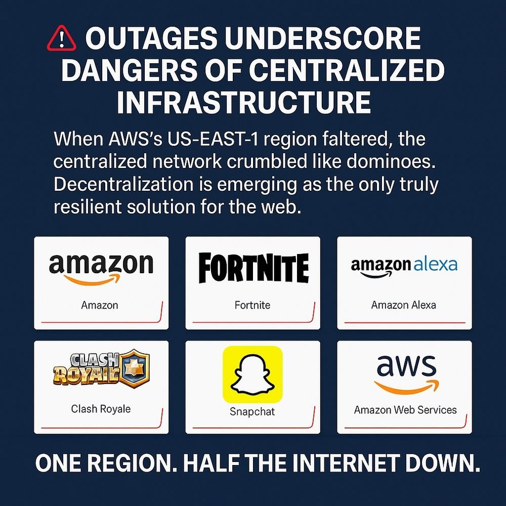 🚨 Massive #AWSOutage shakes the web.
Amazon’s US-EAST-1 region went dark, taking Amazon, Fortnite, Alexa, Clash Royale, Snapchat, AWS &amp; more offline.
Cause: DynamoDB instability, proof that when one region fails, centralized systems fall apart. Yet X still stands. #Decentralized