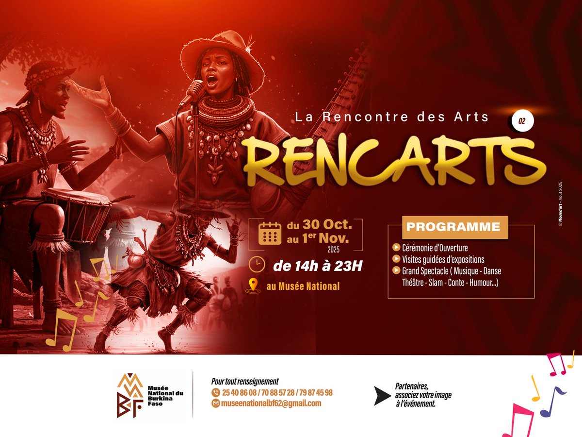 BurkinaMusee's tweet photo. #ActivitésMuséeNational
RENCARTS ACTE 2 ARRIVE

La deuxième édition de la RENcontre des ARTS (RENCARTS) est prévue du 30 octobre au 01 novembre 2025 sous le thème « Créer,dire et partager nos rêves.» https://t.co/CYTNWoGOer