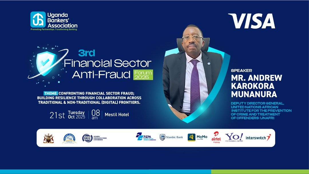 We’re honored to be part of the 3rd Financial Sector Anti-Fraud Forum 2025! 💼🔐

Join our Deputy Director General, Mr. Andrew Karokora Munanura, as he shares insights on:

“Confronting Financial Sector Fraud; Building Resilience Through Collaboration Across Traditional &amp;