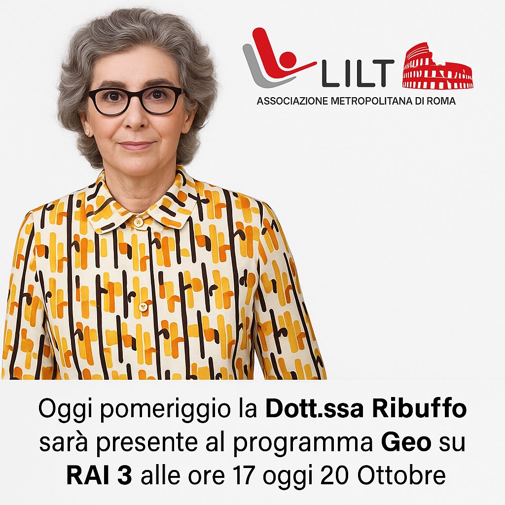 📺 Oggi pomeriggio su RAI 3!
La Dott.ssa Ribuffo, della LILT Associazione Metropolitana di Roma, sarà ospite del programma Geo alle ore 17:00.

Un’occasione importante per parlare di prevenzione, salute e dell’impegno costante della LILT Roma nella lotta contro i tumori. 💪❤️