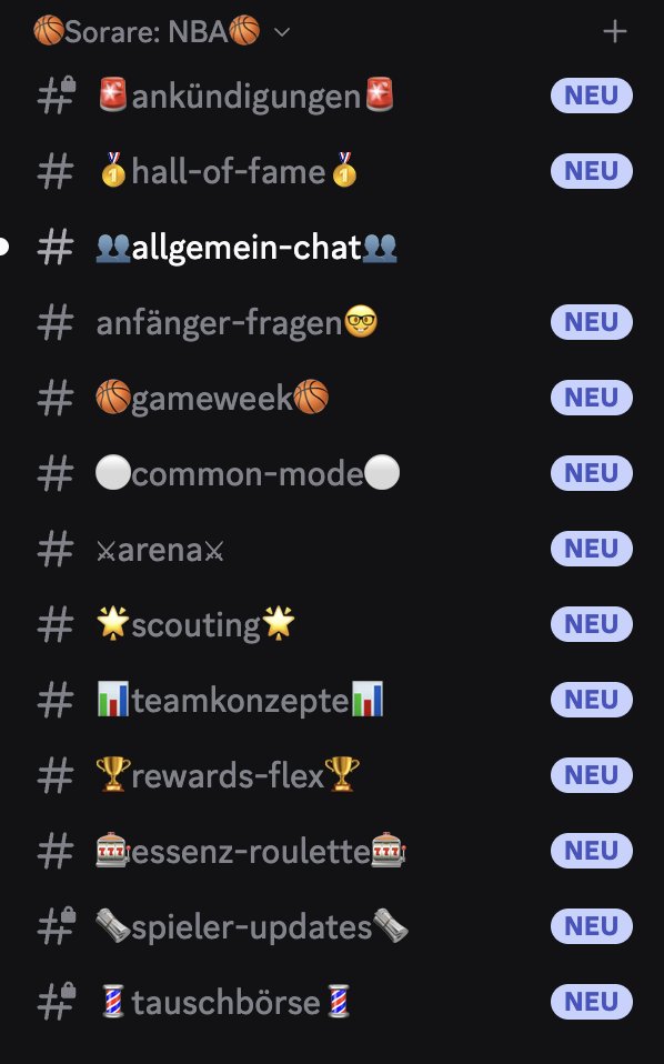 Aufgrund der hohen Nachfrage zu <a href="/SorareNBA/">SorareNBA</a> haben wir aus einem Channel nun eine ganze Kategorie (parallel zu Fußball) erstellt. Falls ihr noch nicht Teil seid des aktivsten, deutschen Discord Channels für <a href="/Sorare/">Sorare</a>, dann kommt definitiv rum!👇

Link: discord.gg/auQNHQdKxC
