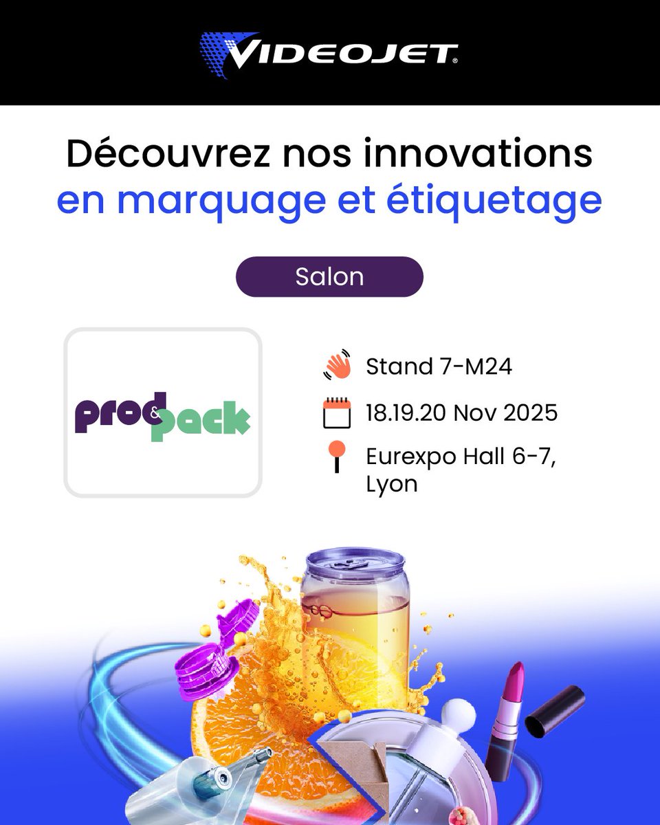 Videojet sera au Salon Prod&amp;Pack du 18 au 20 novembre ! Découvrez nos solutions innovantes en marquage laser et impression à jet d’encre. Nos experts seront là pour échanger avec vous.📍7-M24. Obtenez votre badge ow.ly/F7sx50XbBEp
Ne manquez pas le futur de l’industrie avec