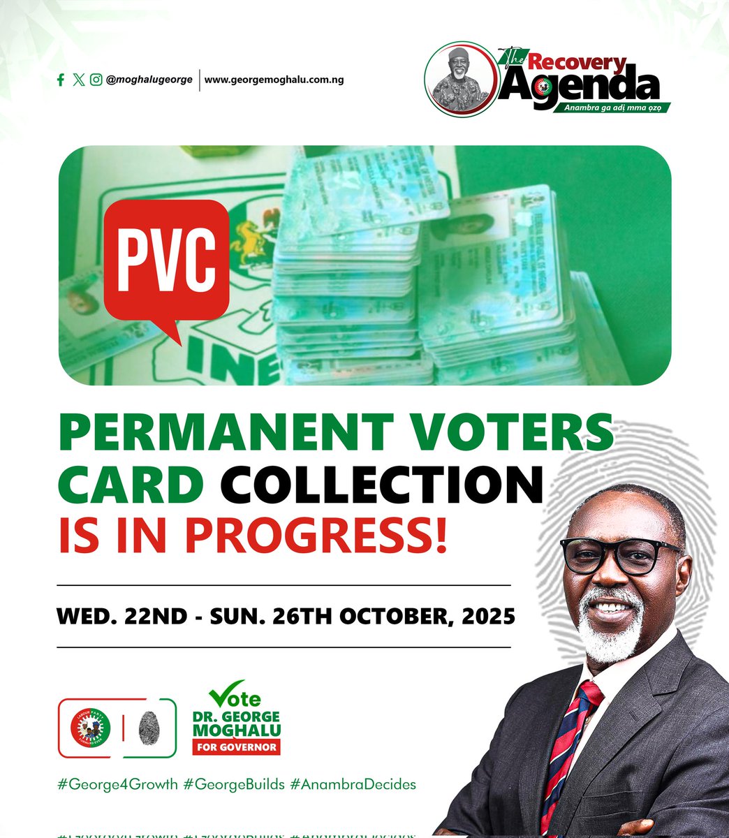 UMUNNEM NDI ANAMBRA,

The Independent National Electoral Commission (INEC) has commenced the collection of Permanent Voter’s Cards (PVCs) across all Local Government Areas and designated centres in our state. The exercise will run from Wednesday, October 22 to Sunday, October 26.