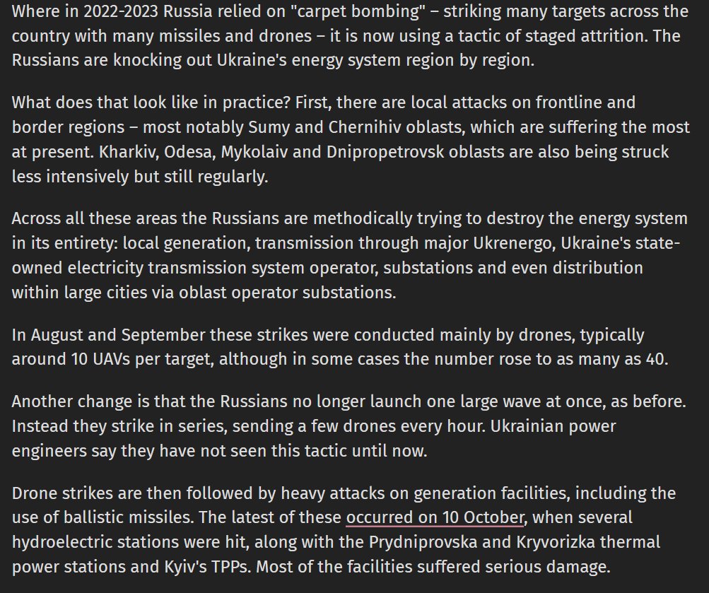 "The Russians are knocking out Ukraine's energy system region by region...

First, there are local attacks on frontline and border regions – most notably Sumy and Chernihiv oblasts, which are suffering the most at present. Kharkiv, Odesa, Mykolaiv and Dnipropetrovsk oblasts are