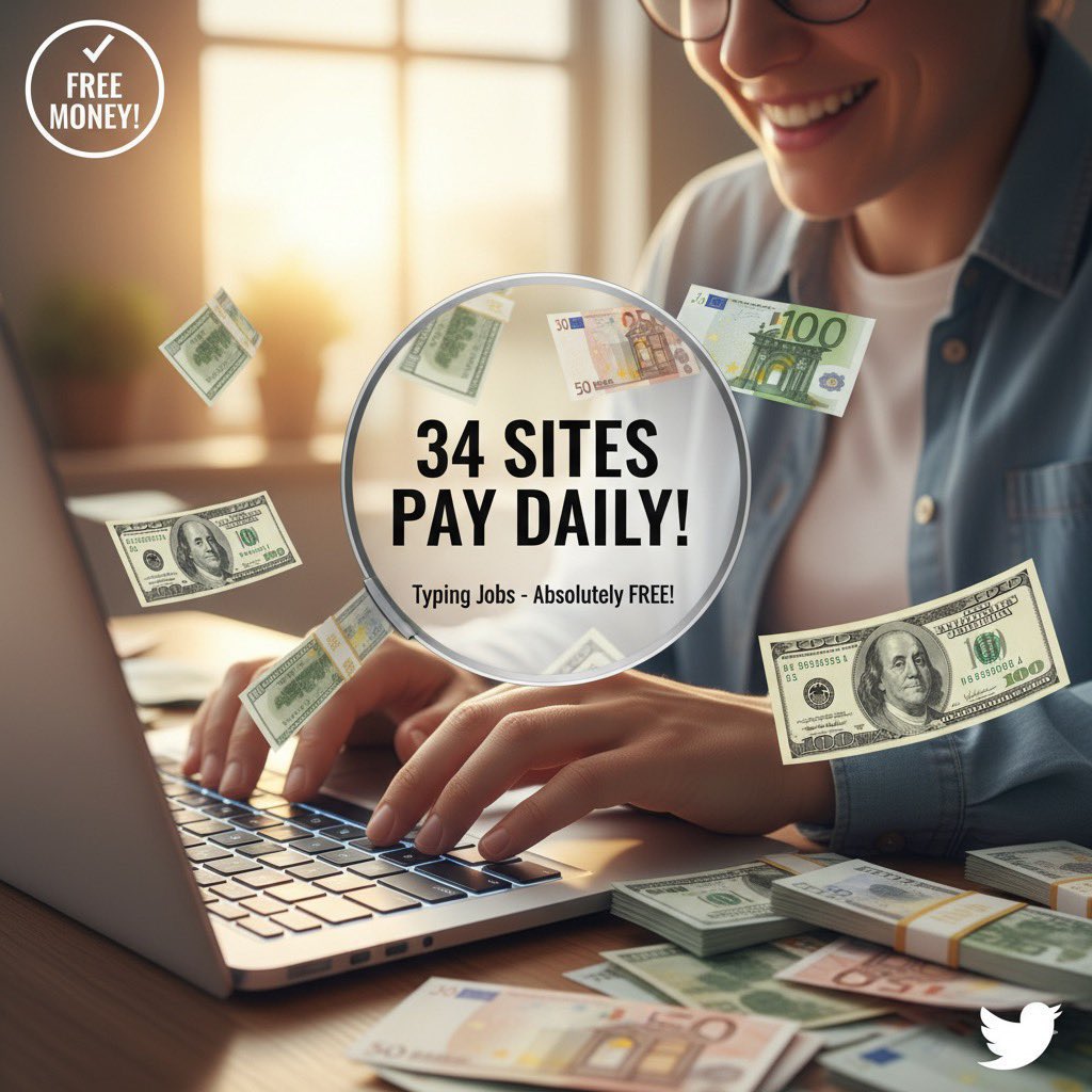 choyamymuna's tweet image. 34 sites that will pay you every day by Typing📌
Absolutely free‼️
To get it:
❤️ Like
🔄RT
💬 Comment “Type”
👣 Follow @choyamymuna
(Be sure to follow me so I can DM you)
Instant delivery guaranteed🚨