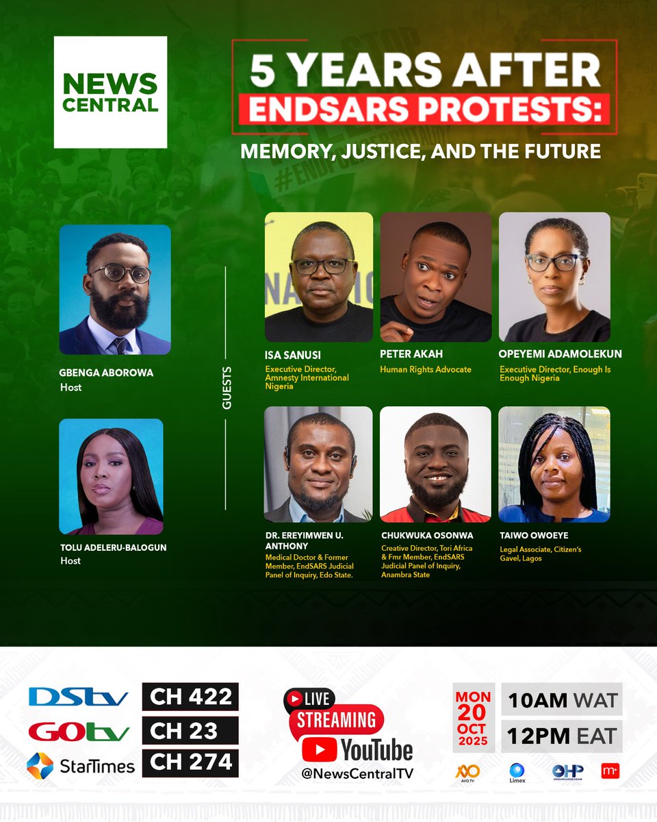 'Yemi (@_yemia) on Twitter photo Join the <a href="/NewsCentralTV/">News Central TV</a> for #EndSARSat5.
#WeWillNeverForgetOct2020 
#OfficeOfTheCitizen 
youtube.com/live/vrZEhXzMl… Join the <a href="/NewsCentralTV/">News Central TV</a> for #EndSARSat5.
#WeWillNeverForgetOct2020 
#OfficeOfTheCitizen 
youtube.com/live/vrZEhXzMl…