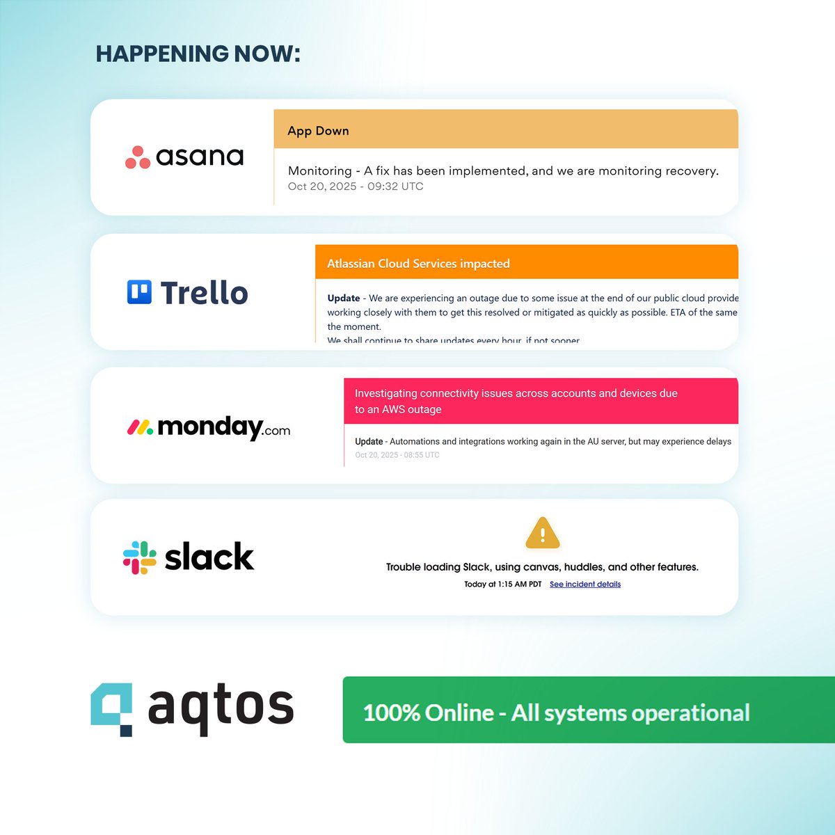 Asana down. Jira down. Trello down. Monday down. Slack down. Your business shouldn't be. → aqtos.com