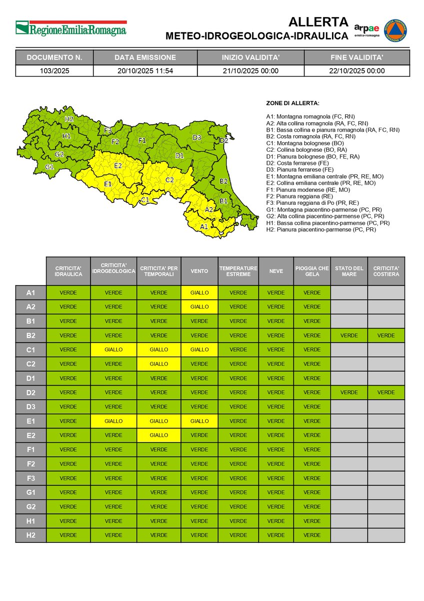 #AllertaMeteoER Dalle 00:00 del 21/10/2025 alle 00:00 del 22/10/2025 GIALLA per #temporali, criticità #idrogeologica, #vento. ➡️bit.ly/3Wbn55t

#20ottobre #allertaGIALLA